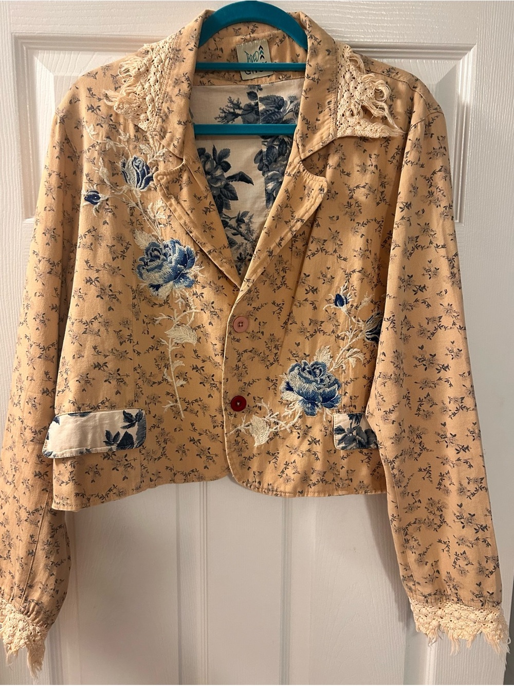 Blue Floral Embroidered Cropped Blazer in Tan